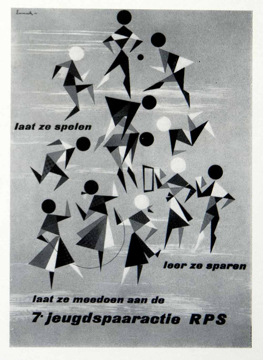 1955 Print Louis Emmerik Netherlands Holland Savings Funds Figure Cubism VEN7