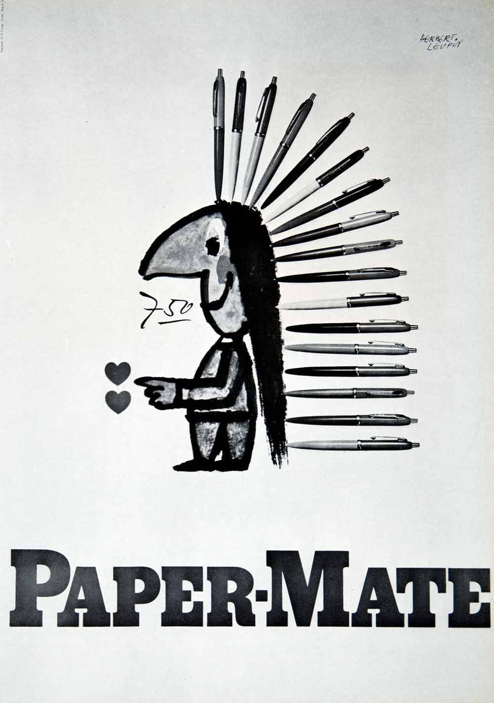 1956 Print Herbert Leupin Paper-Mate Ballpoint Pen Heart Indian Sketch VEN7