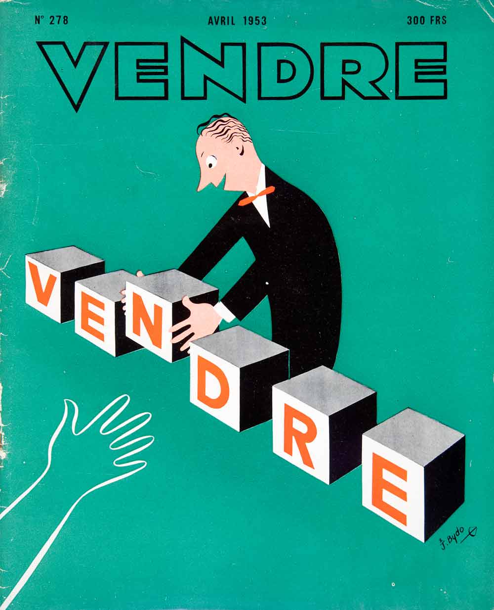 1953 Lithograph Cover Vendre April French Bydo Blocks Spelling Bowtie Hand VEN8