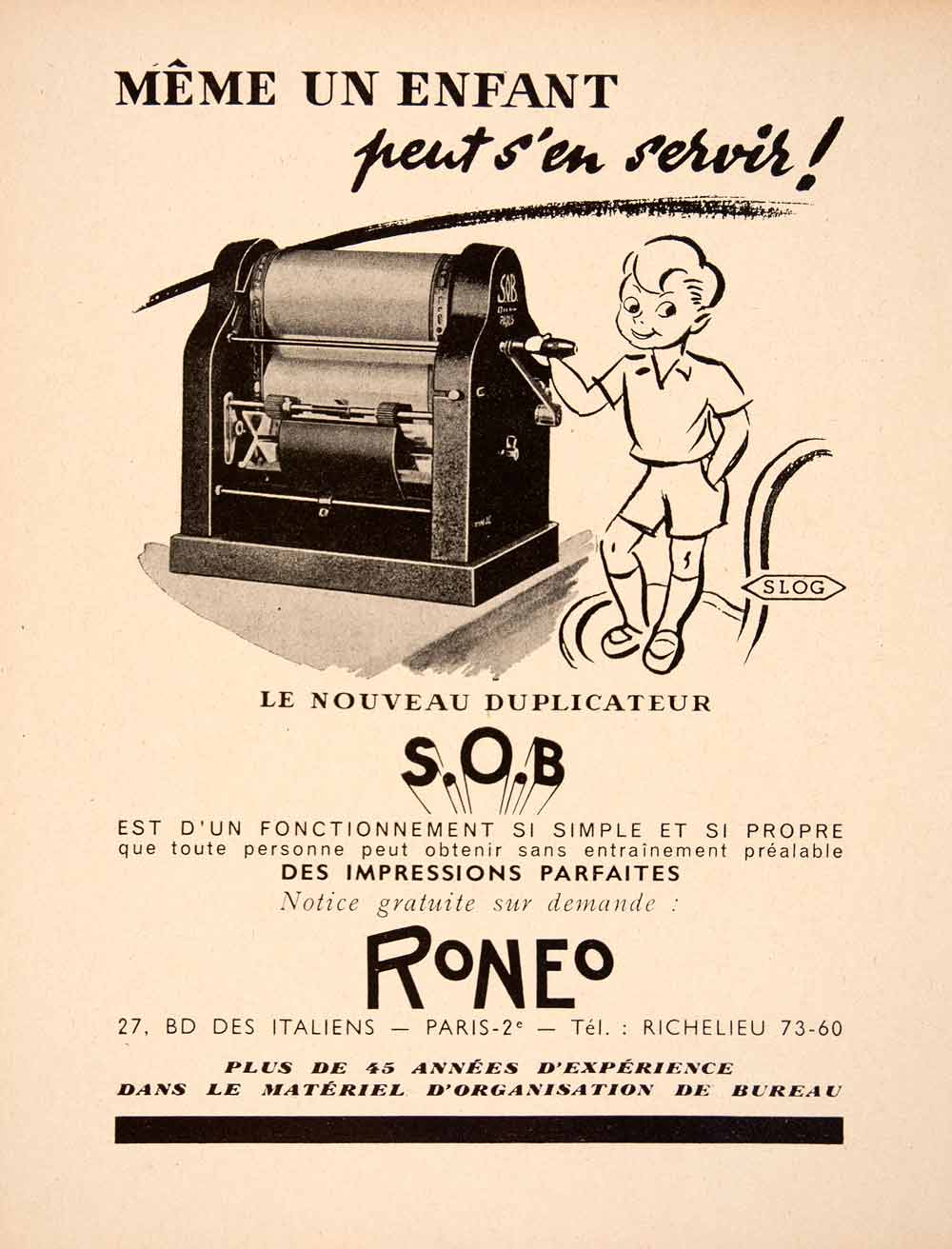 1948 Ad Roneo Slog Duplicator French Advertising Child Crank 27 Blvd VEN8