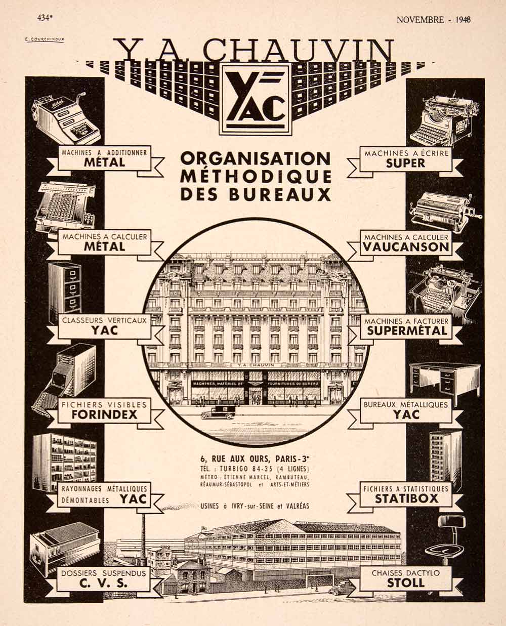 1948 Ad Chauvin Yac Stoll Statibox Vaucanson Office Furniture 6 Rue Ours VEN8