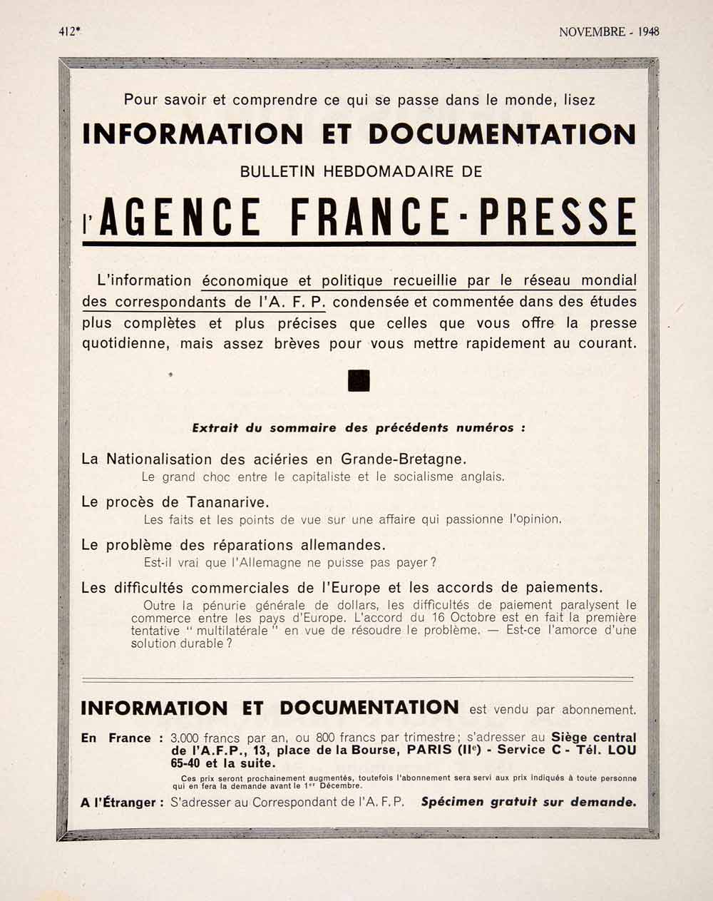 1948 Ad Agence France Presse Study German Reparations Tananarive French VEN8