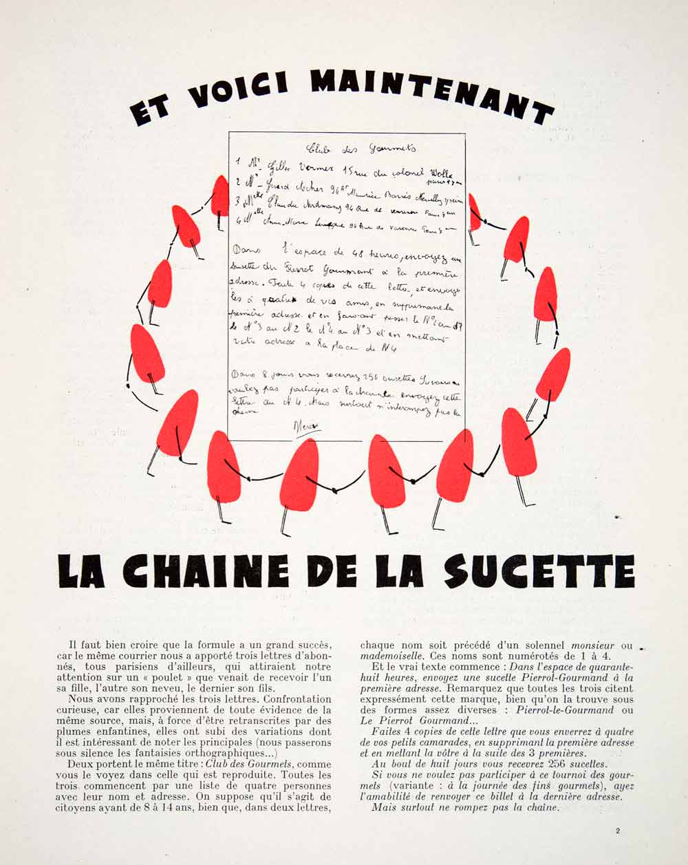 1953 Ad Pierrot Gourmand Sucette Sucker Lollipop Chain Letter Children's VEN8