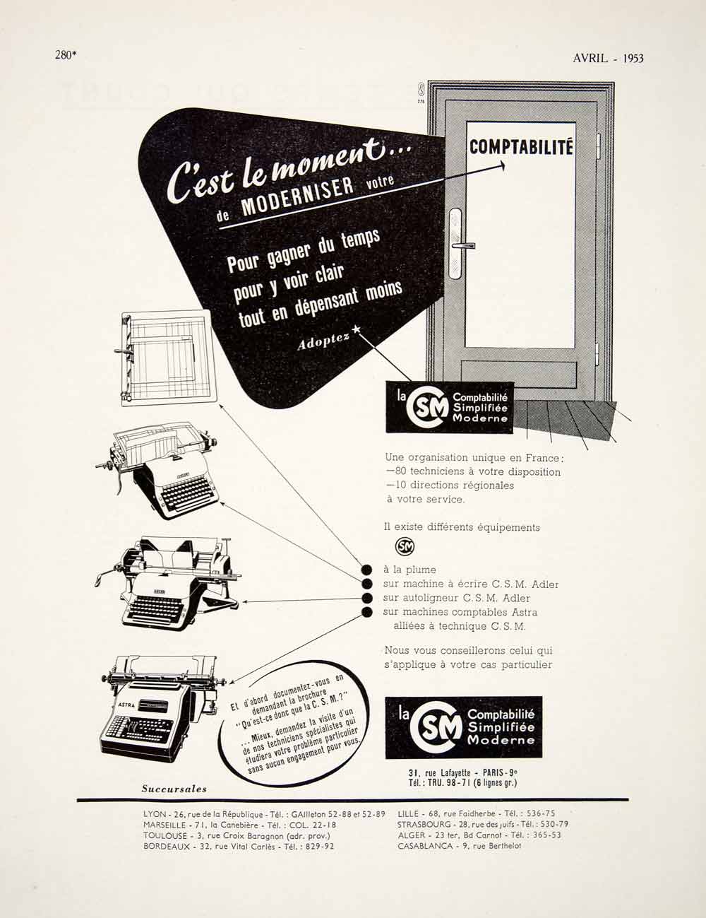 1953 Ad CSM Comptabilite Simplifiee Moderne 31 Rue Lafayette Paris VEN8