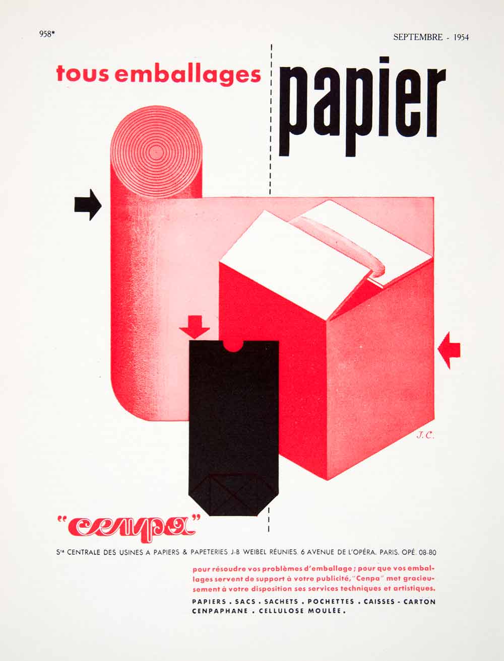 1954 Ad French Packaging Office Supplies Shipping 6 Avenue L'Opera Paris VEN8
