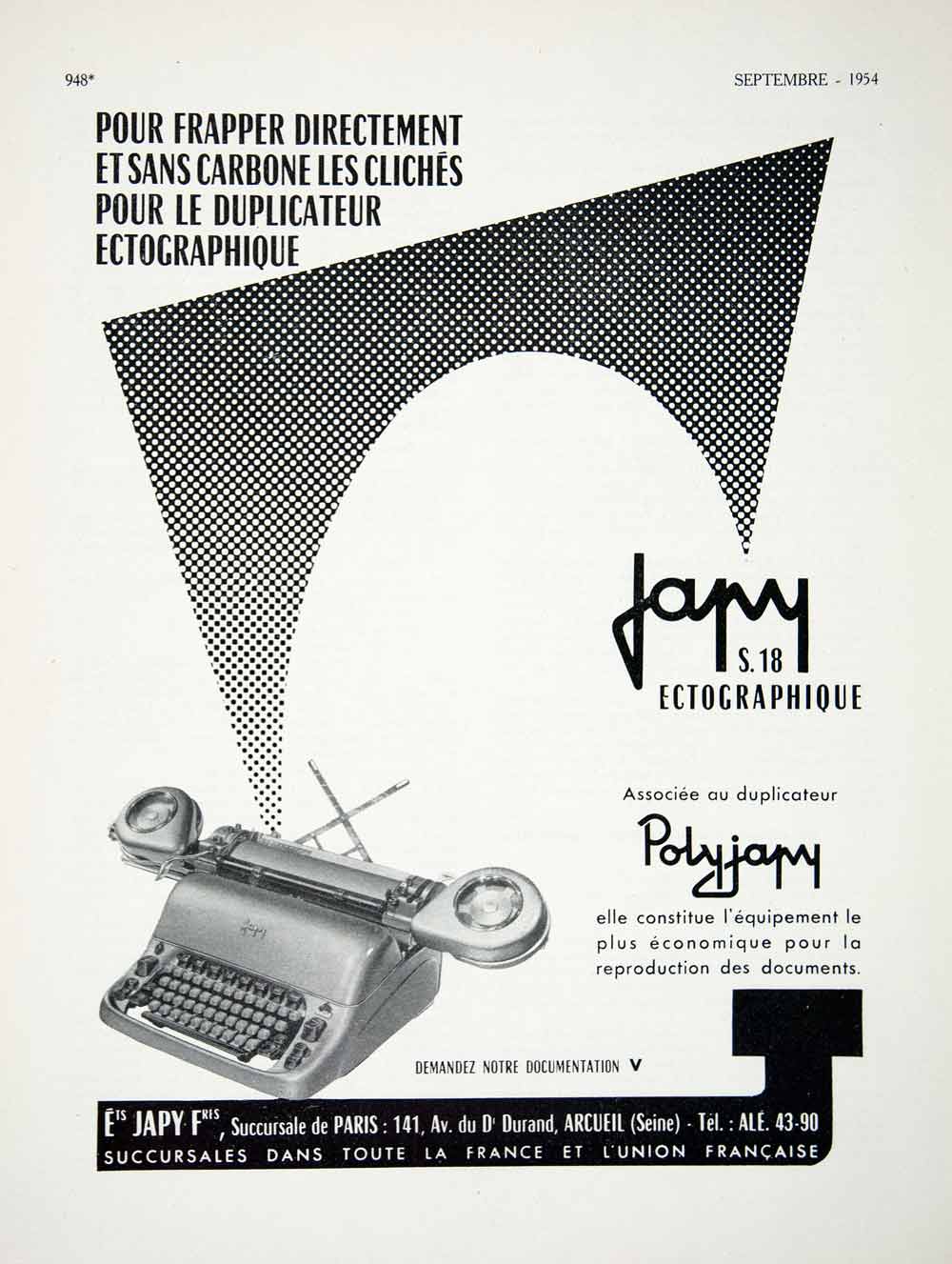1954 Ad Japy Electric Typewriter Polyjapy 141 Avenue du Dr Durand Arcueil VEN8