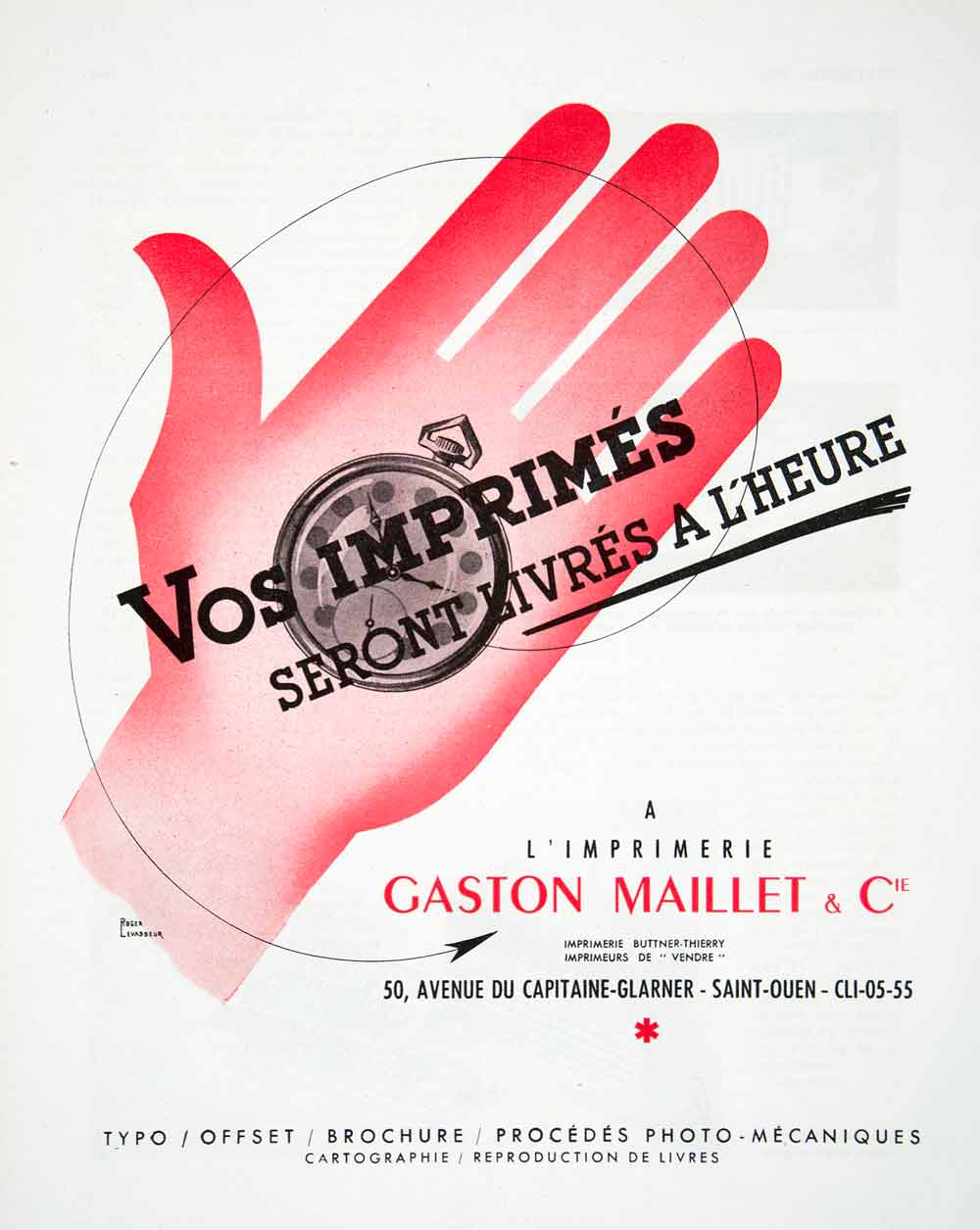 1954 Ad Roger Levasseur Hand Watch Gaston Maillet 50 Avenue Capitaine VEN8