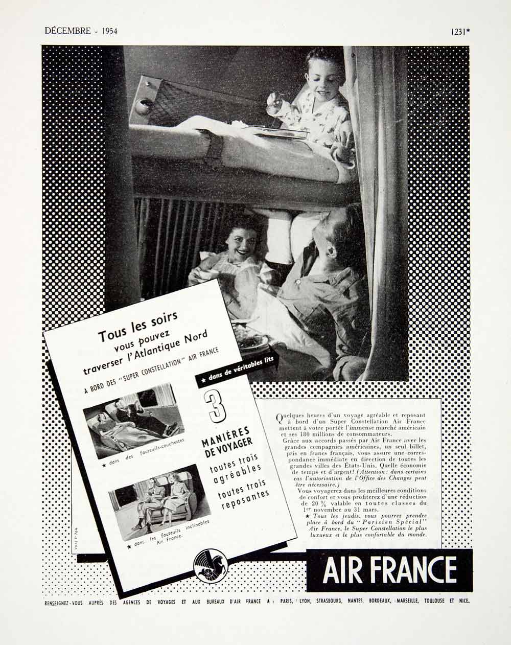 1954 Ad Air France Reclining Seats Family Bunkbed Airline Airway Travel Bed VEN8