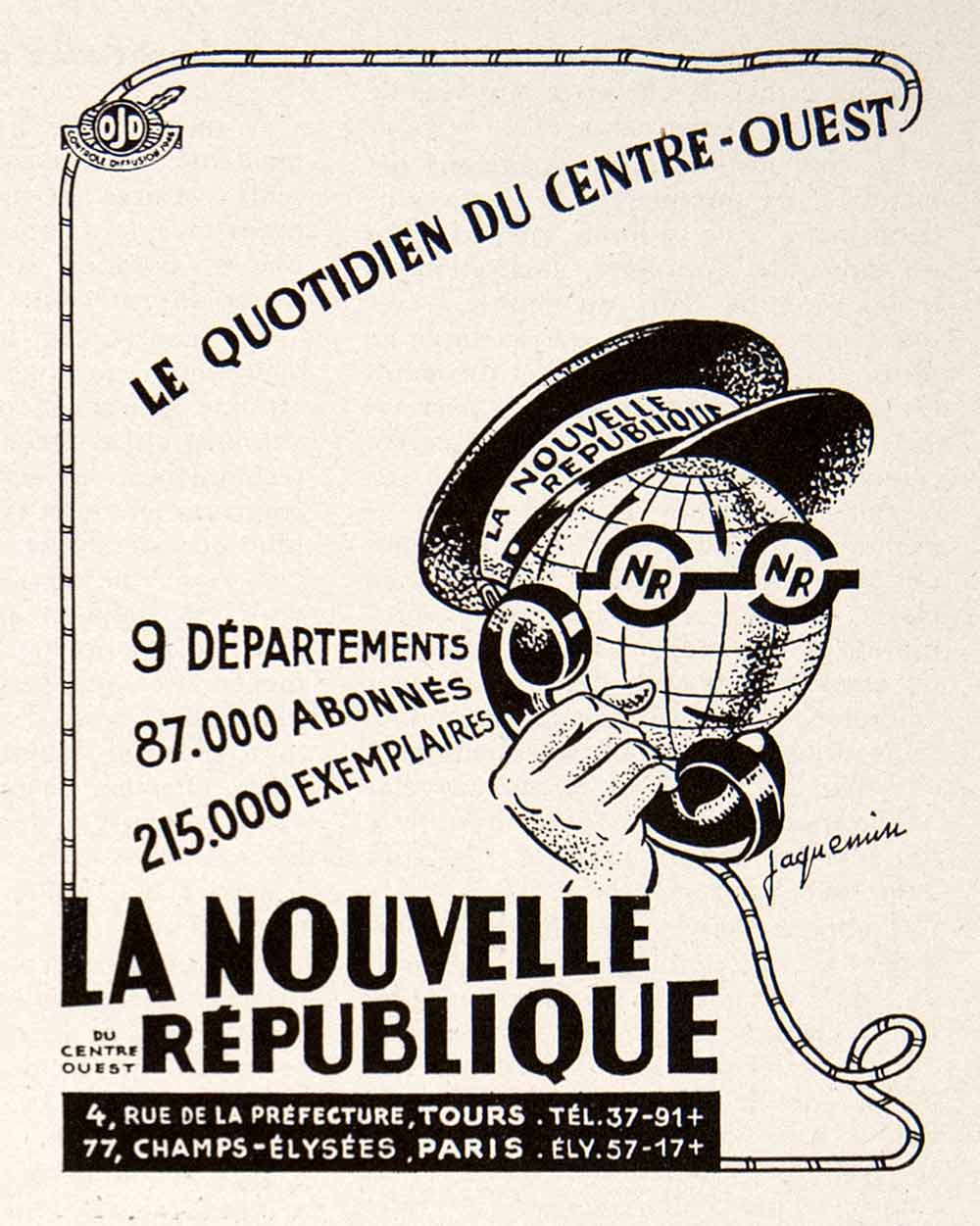 1948 Ad Nouvelle Republique French Newspaper World Telephone OJD Jaquemin VEN8