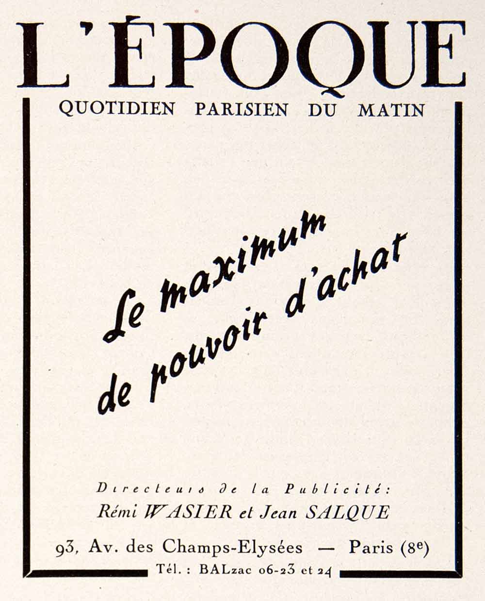 1948 Ad Epoque Remi Wasier Jean Salque French Newspaper Paris Publication VEN8