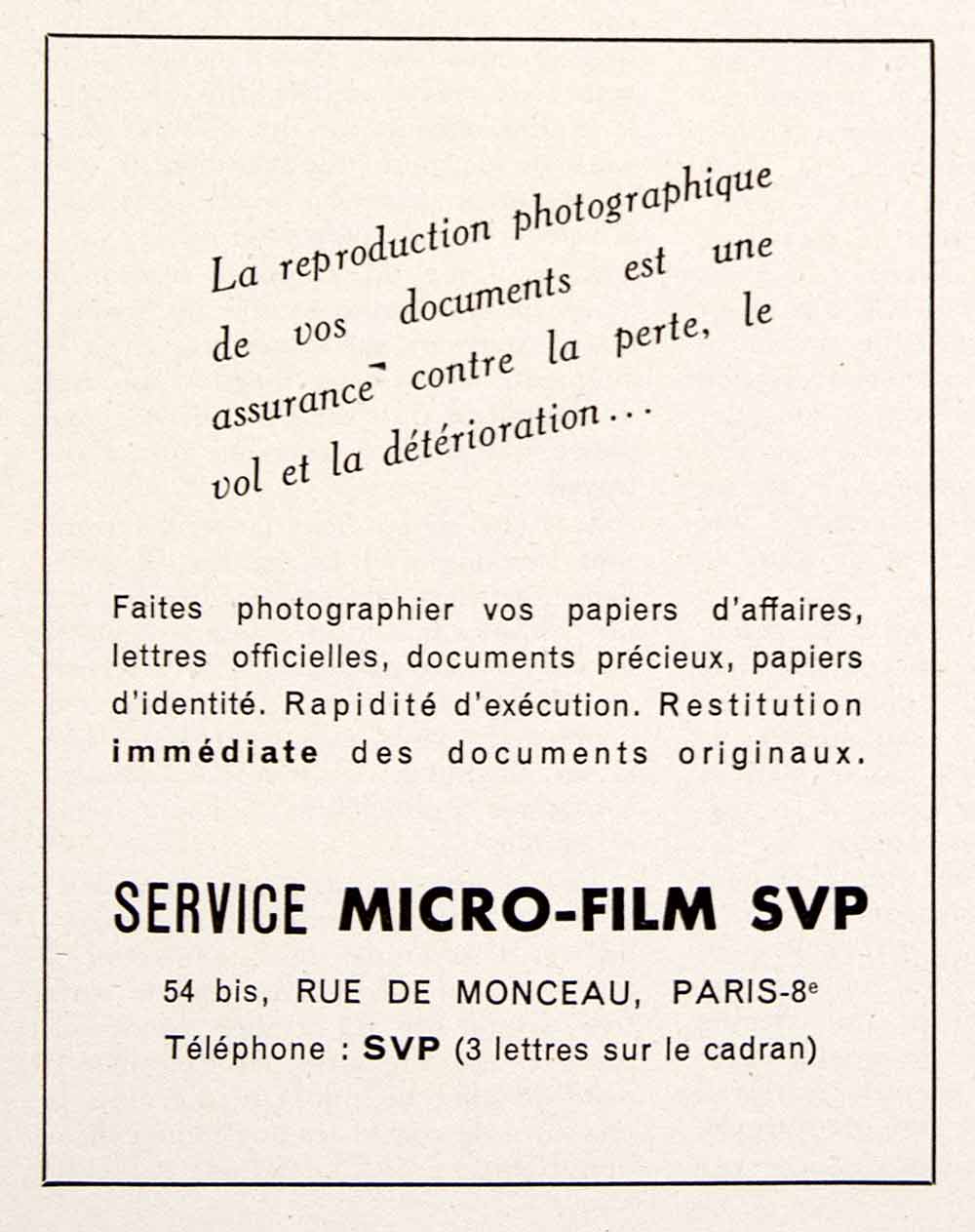 1948 Ad Micro-Film SVP 54 Rue Monceau Paris Backup Files Office Service VEN8