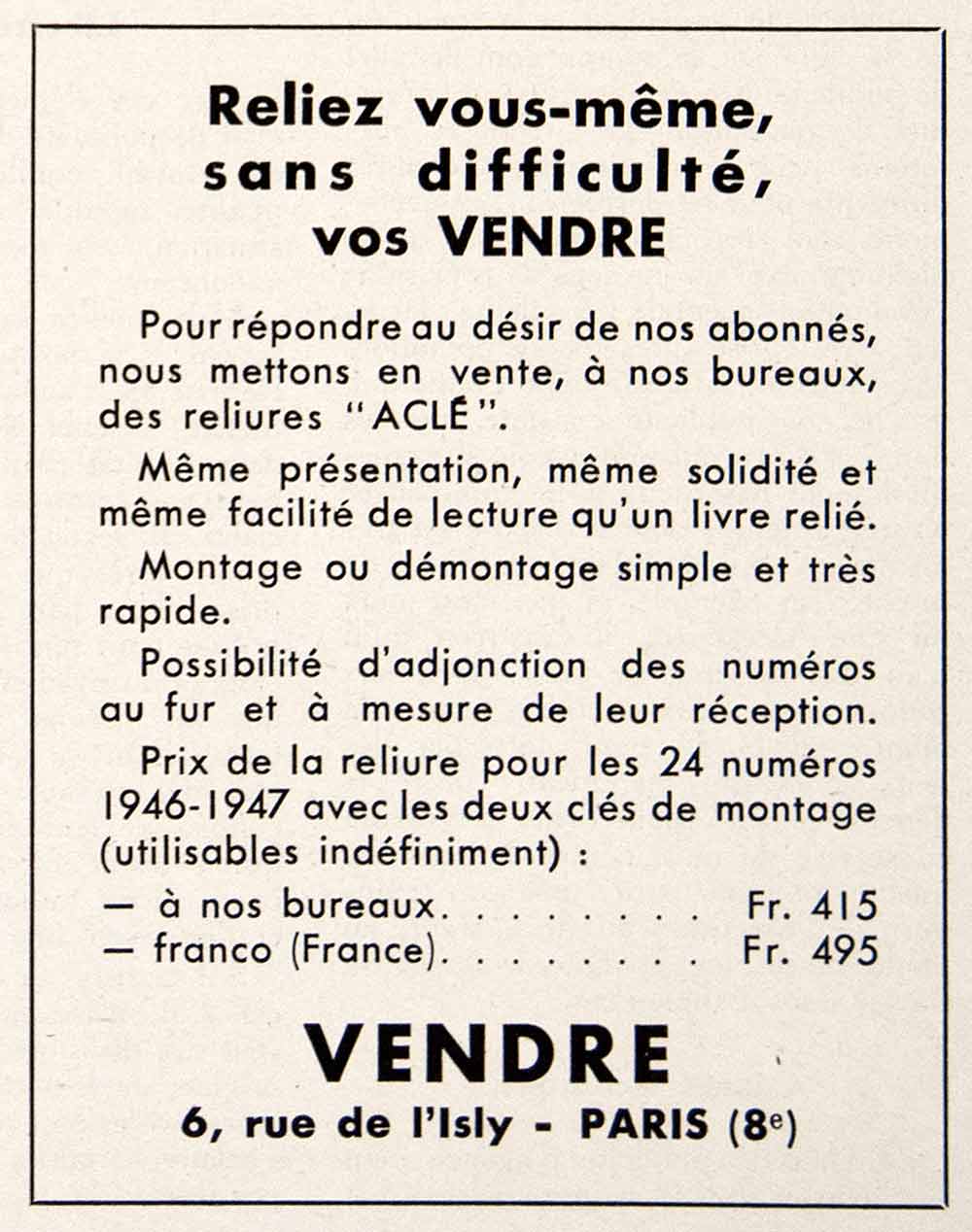 1948 Ad Vendre 6 Rue de l'Isly Paris Acle French Publication Circulation VEN8