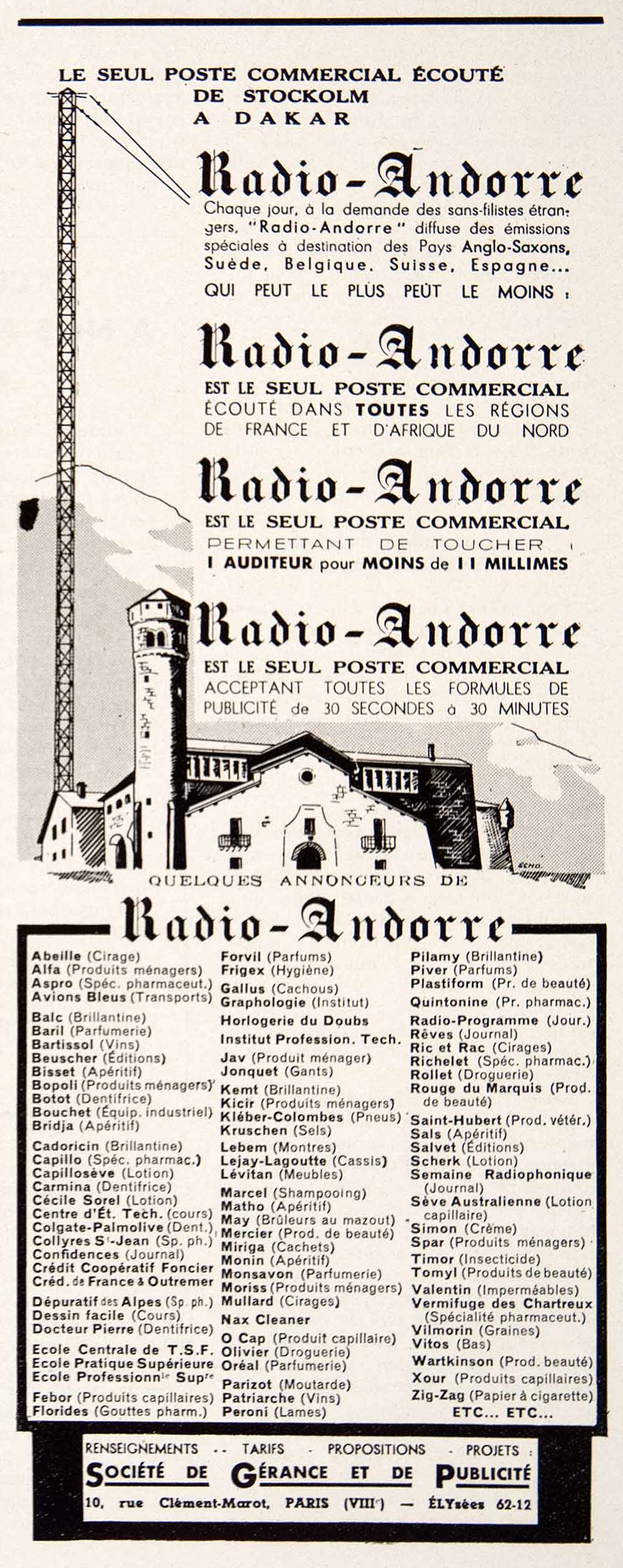 1948 Ad Radio Andorre Antenna French Station Societe Gerance Publicite VEN8