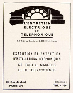 1948 Ad Telephone Installation 23 Rue Joubert Paris French Electrician VEN8