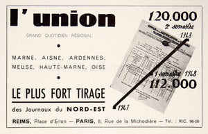 1948 Ad L'Union French Newspaper 8 Rue Michodiere Marne Aisne Ardennes VEN8