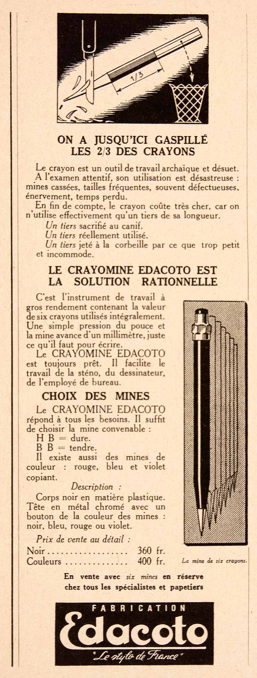 1948 Ad Edacoto Crayomine Pencil French HB BB Mechanical Writing Utensil VEN8