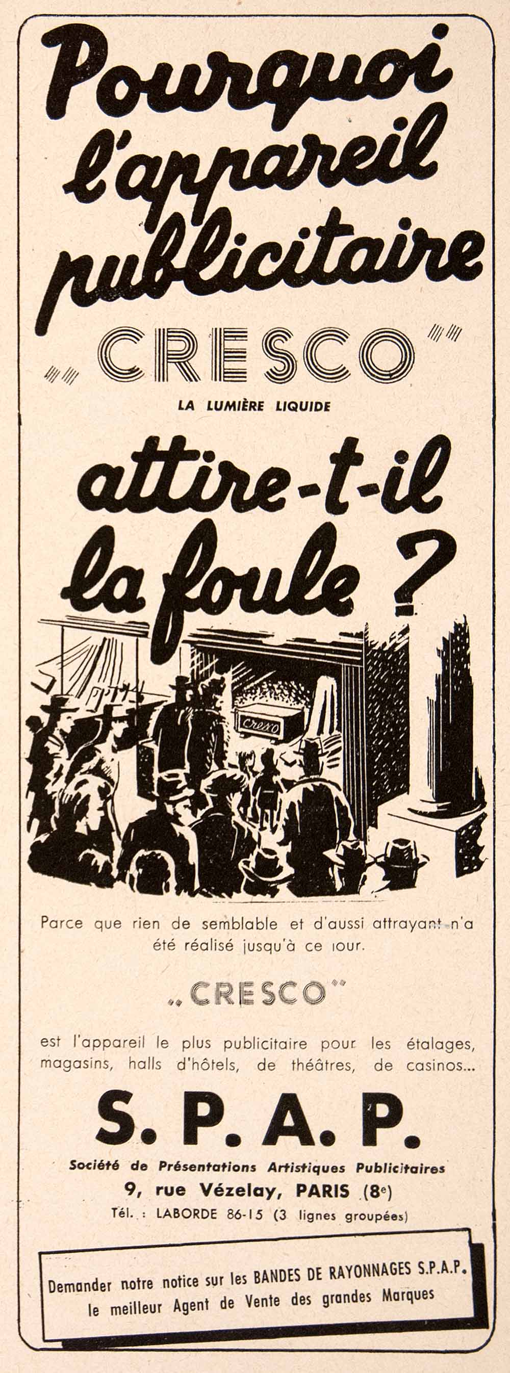 1948 Ad Cresco SPAP 9 Rue Vezelay Paris Advertising Light Display Sign VEN8