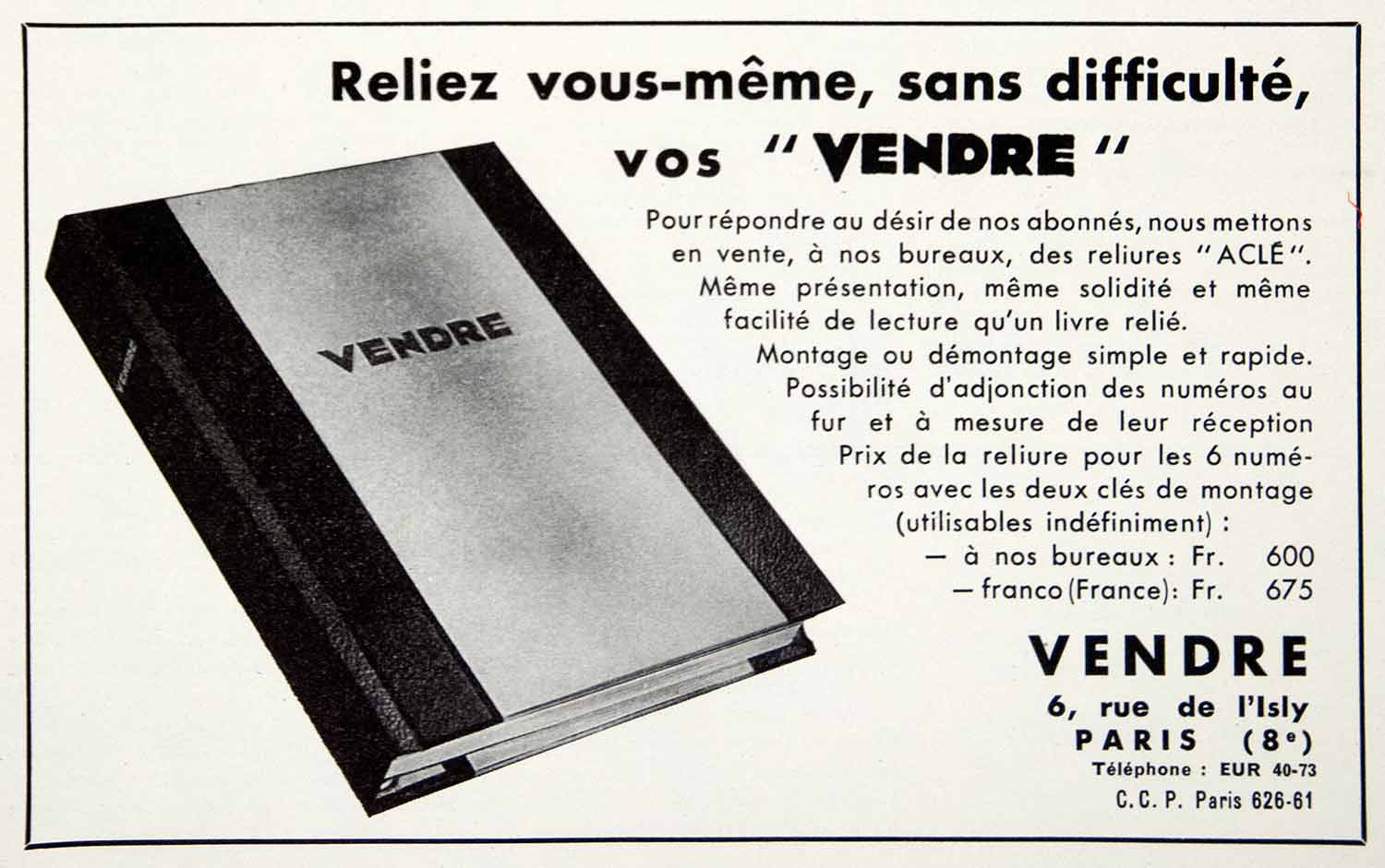 1953 Ad Vendre 6 Rue De L'Isly Paris French Acle Binder Stationary Office VEN8