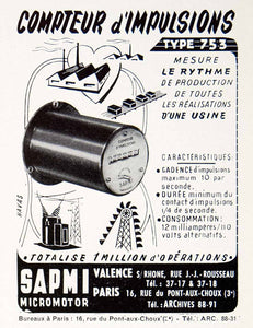 1953 Ad SAPMI Micromotor Counter Meter French Industrial 16 Rue Pont-Aux VEN8