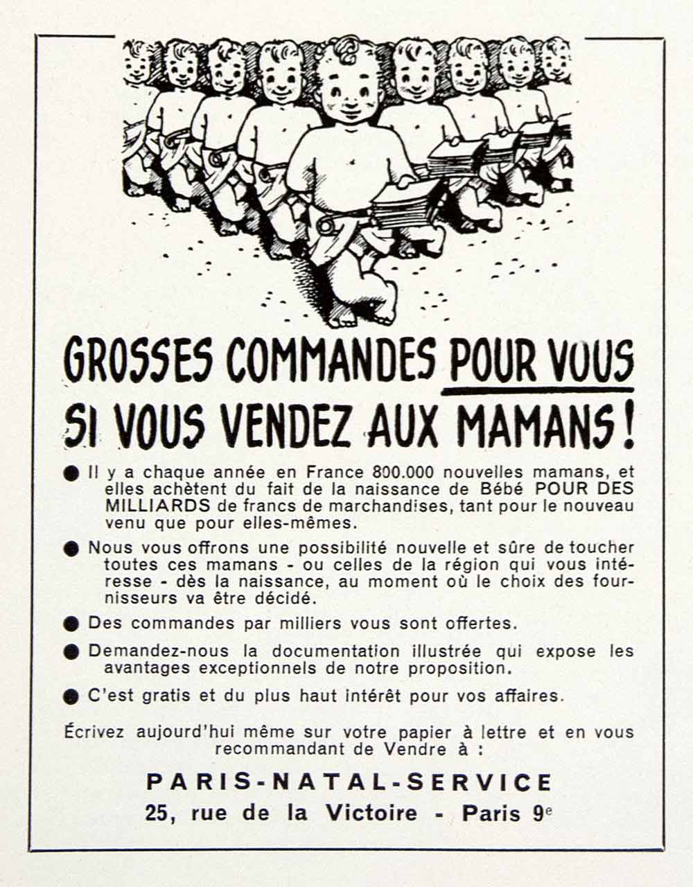 1953 Ad Paris Natal Service 25 Rue Victoire Marketing Infants Mothers VEN8