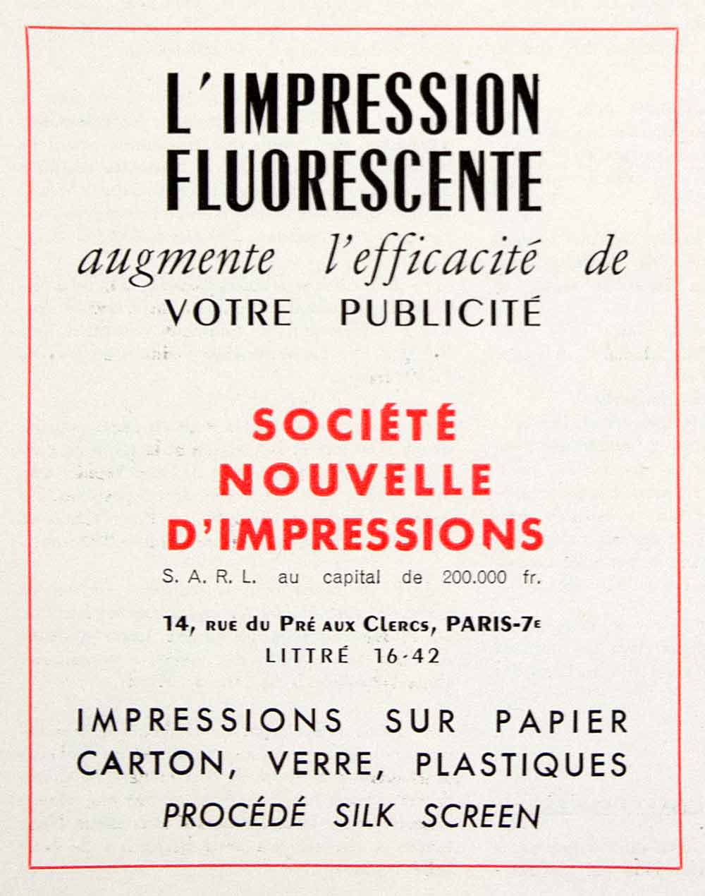 1953 Ad Societe Nouvelle D'Impression 14 Rue Pre Clercs Paris Silk Screen VEN8