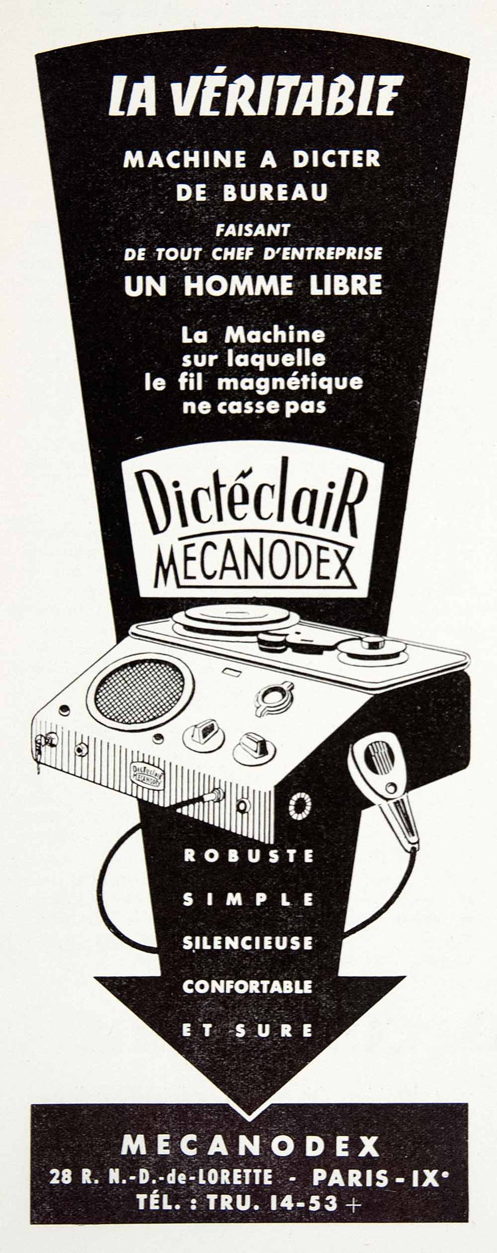 1953 Ad Mecanodex Dicteclair Dictaphone Machine Office French Dictation VEN8