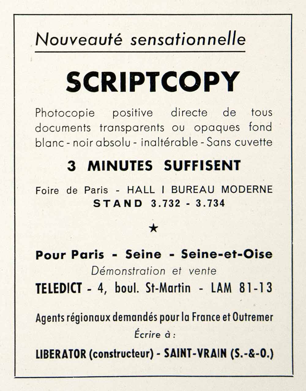1953 Ad Scriptcopy Foire Paris Fair Photocopy French Duplication Saint VEN8