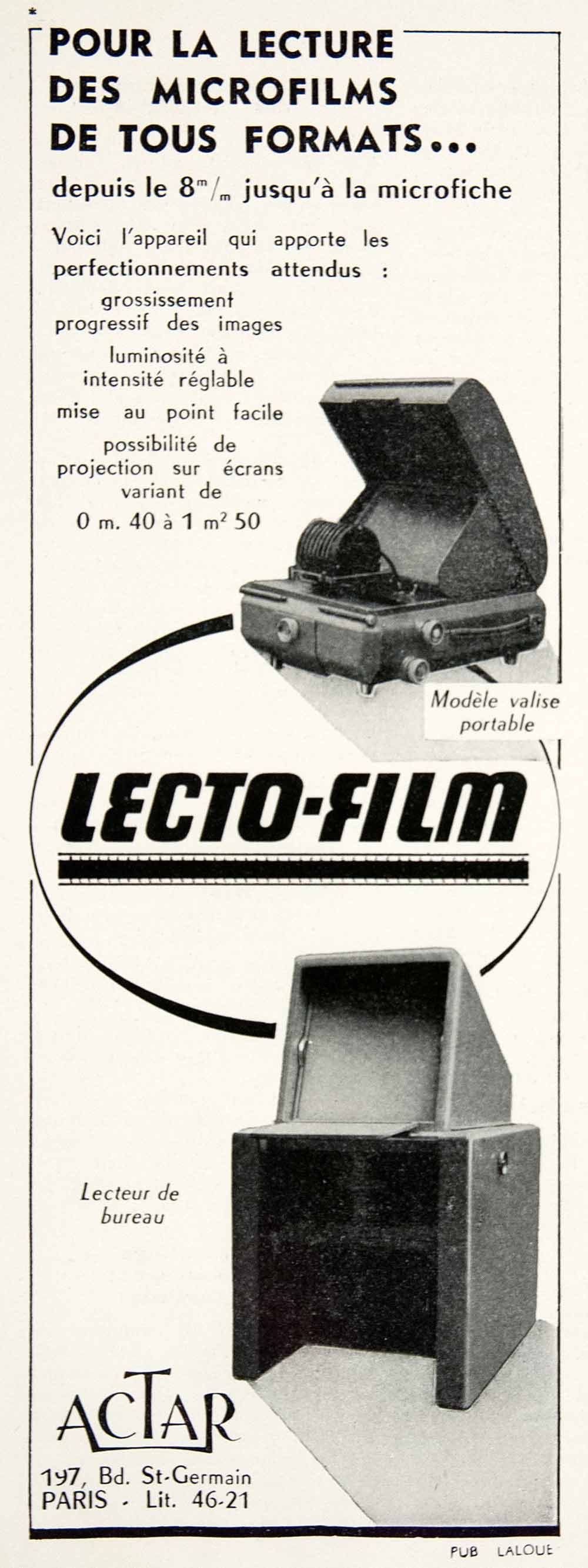 1953 Ad Actar Lecto-Film Microfilm Viewer 197 Blvd St Germain Paris French VEN8