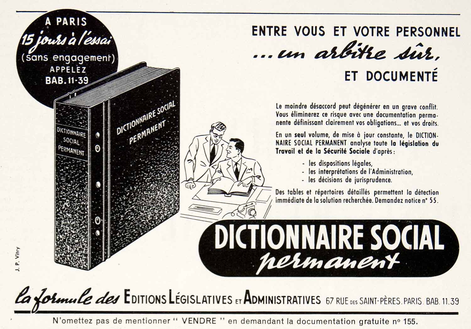 1953 Ad French Social Dictionary Editions Legislatives Administratives VEN8