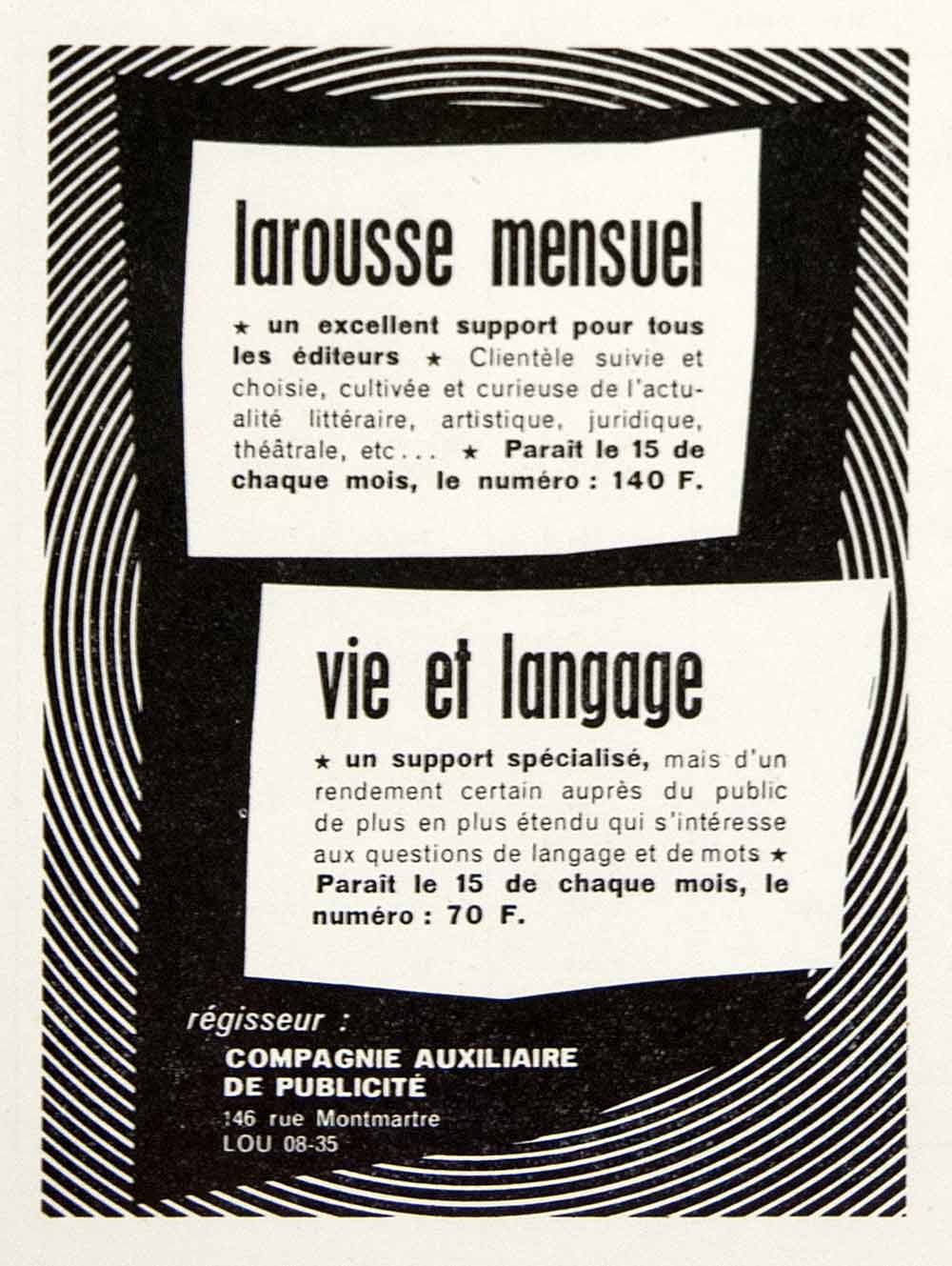 1953 Ad Larousse Mensuel 146 Montmartre French Compagnie Auxiliaire VEN8