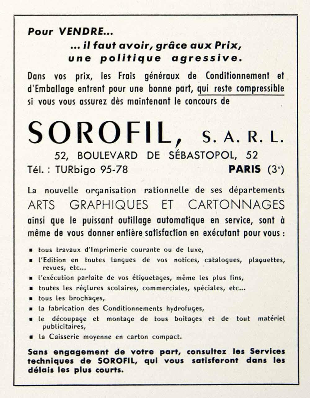 1953 Ad Sorofil 52 Boulevard Sebastopol Paris French Arts Graphique VEN8