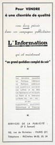 1954 Ad L'Information Newspaper French 102 Rue Richelieu Paris Advertising VEN8