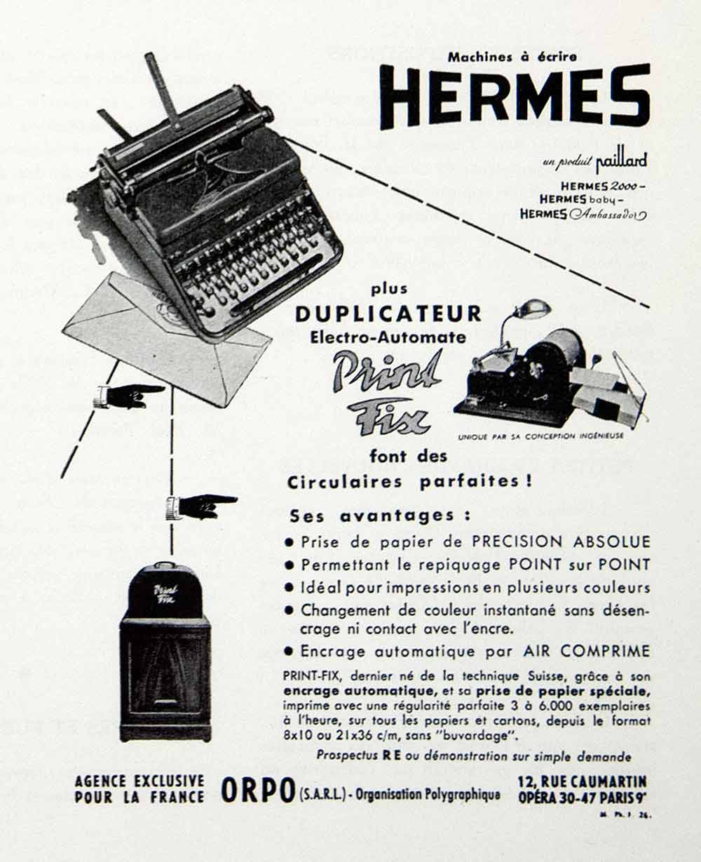 1954 Ad Hermes Typewriter 12 Rue Caumartin Paris Print Fix French Typing VEN8