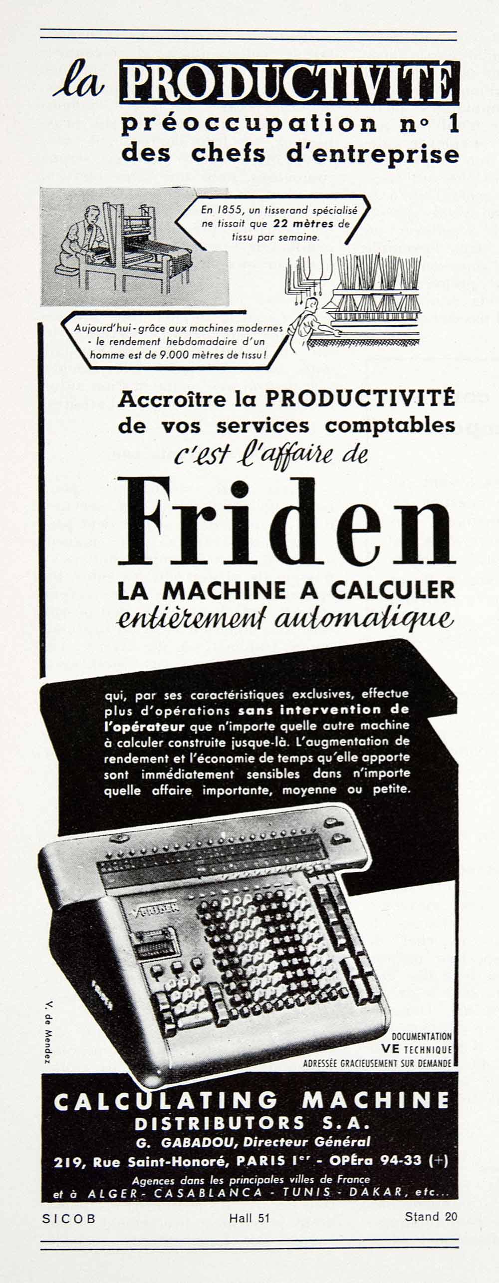 1954 Ad Friden Machine Calculation 219 Rue Saint-Honore Paris Automati –  Period Paper Historic Art LLC