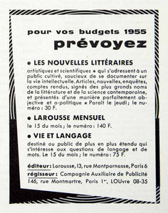 1954 Ad Larousse Mensuel 146 Rue Montmartre Paris Nouvelles Litteraires VEN8