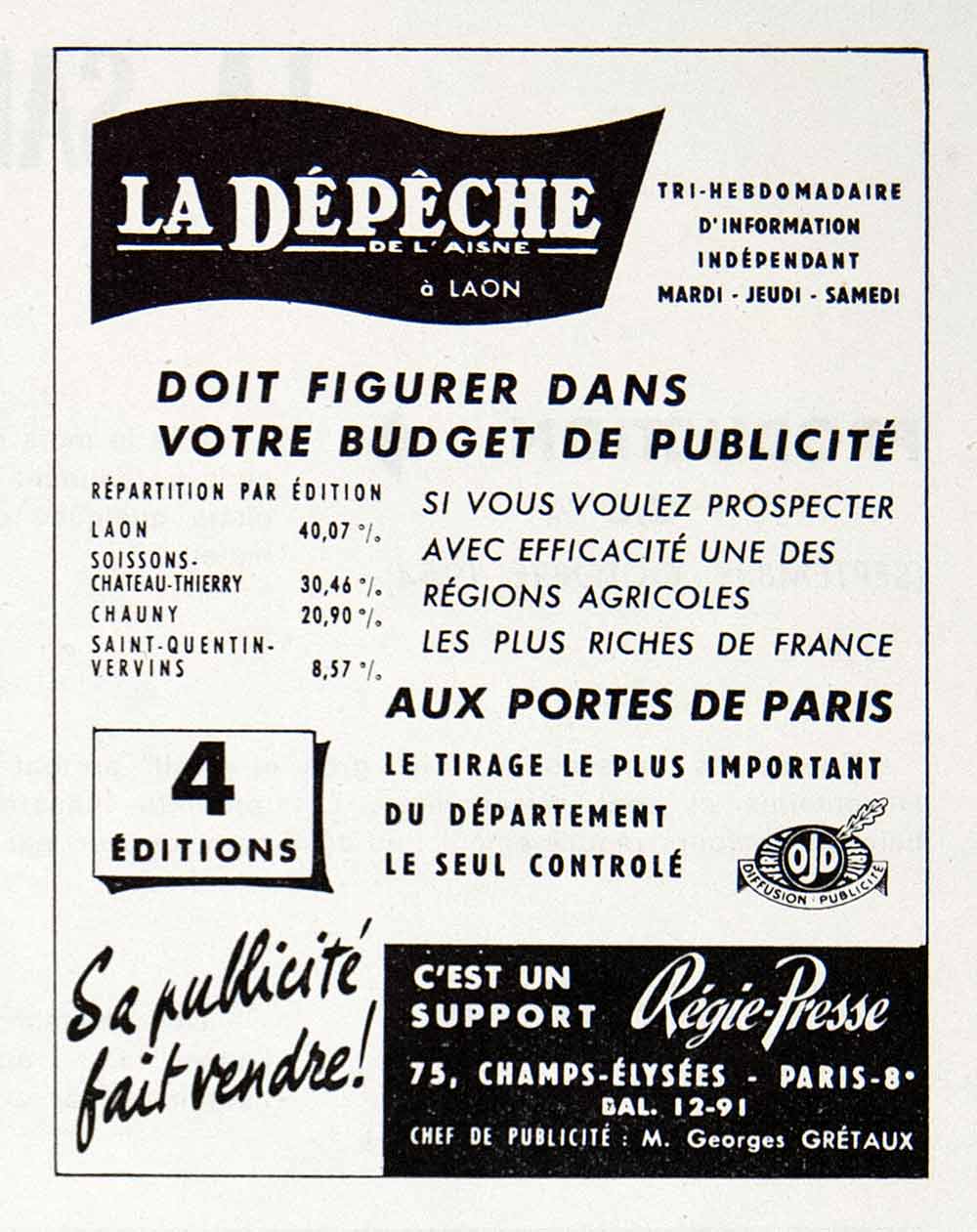 1954 Ad Regie-Presse Depeche Newspaper French Georges Gretaux Laon VEN8
