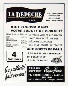 1954 Ad Regie-Presse Depeche Newspaper French Georges Gretaux Laon VEN8