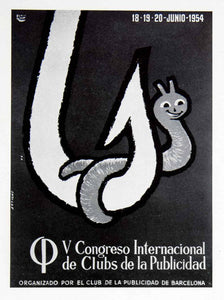 1954 Print Romermart 5th Congress Advertising Club Hook Worm Fishing VEN8