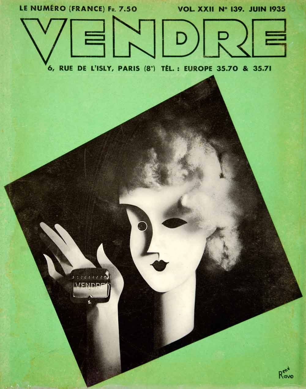 1935 Cover Vendre French Magazine Rene Ravo Art Deco Illustration Woman VEN9