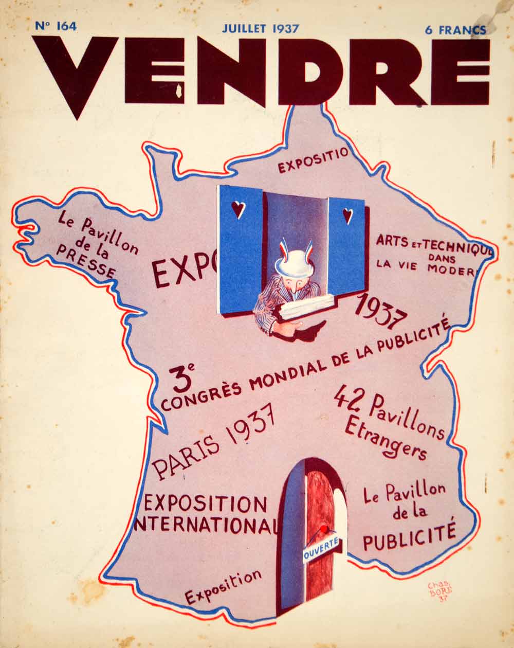 1937 Cover Vendre French Magazine Chas Bore Art France Map Graphic Design VEN9