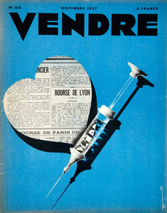 1937 Cover Vendre French Magazine Azaria Benaroya Art Heart Needle Shot VEN9
