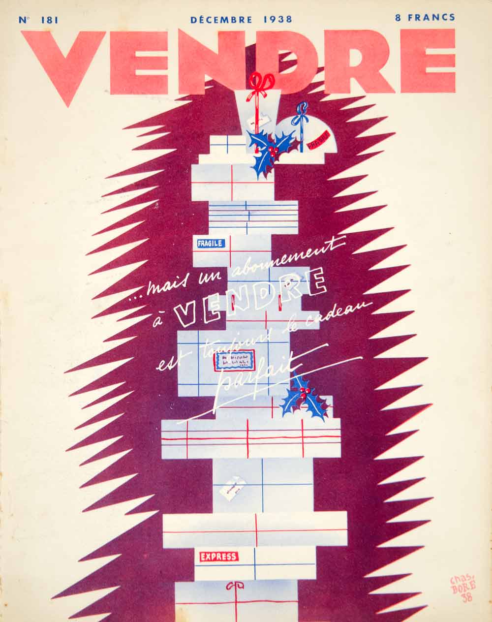 1938 Cover Vendre French Magazine Chas Bore Art Christmas Tree Gift Package VEN9