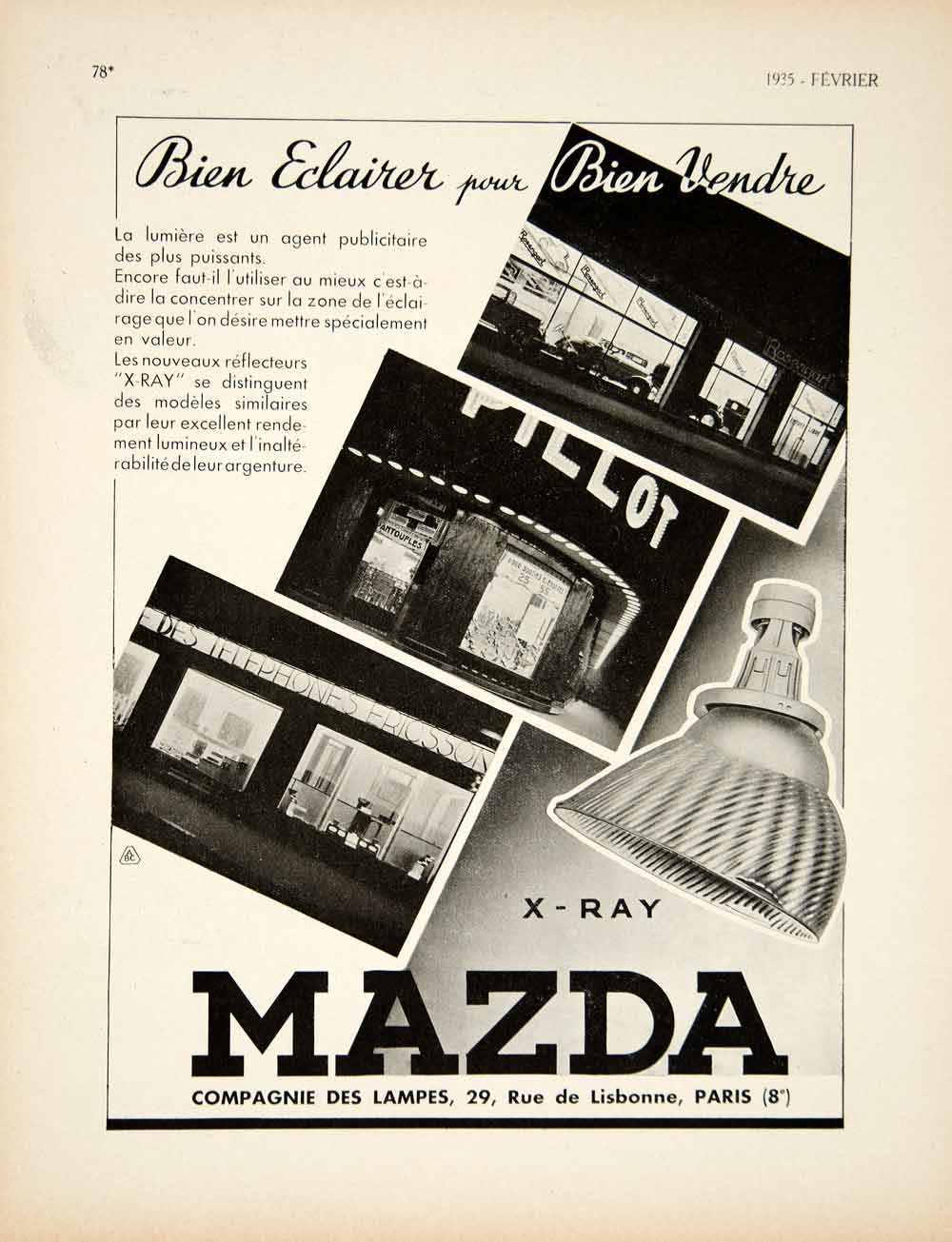 1935 Ad Vintage French Mazda Light Bulbs X-Ray Compagnie des