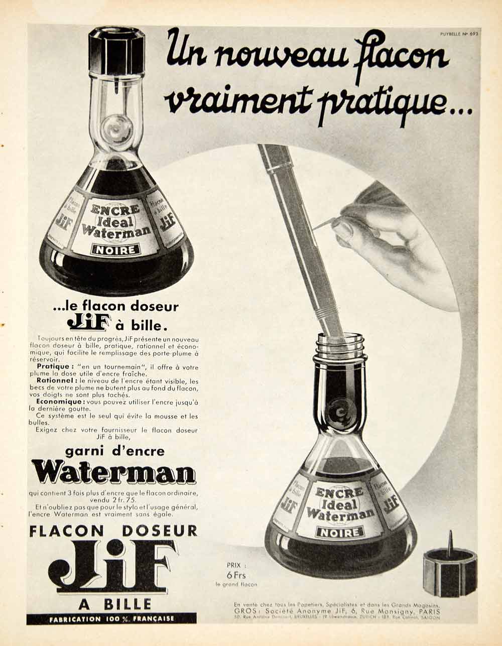1935 Ad Vintage French Encre Ideal Watermen Fountain Pen Ink Dispenser JiF VEN9