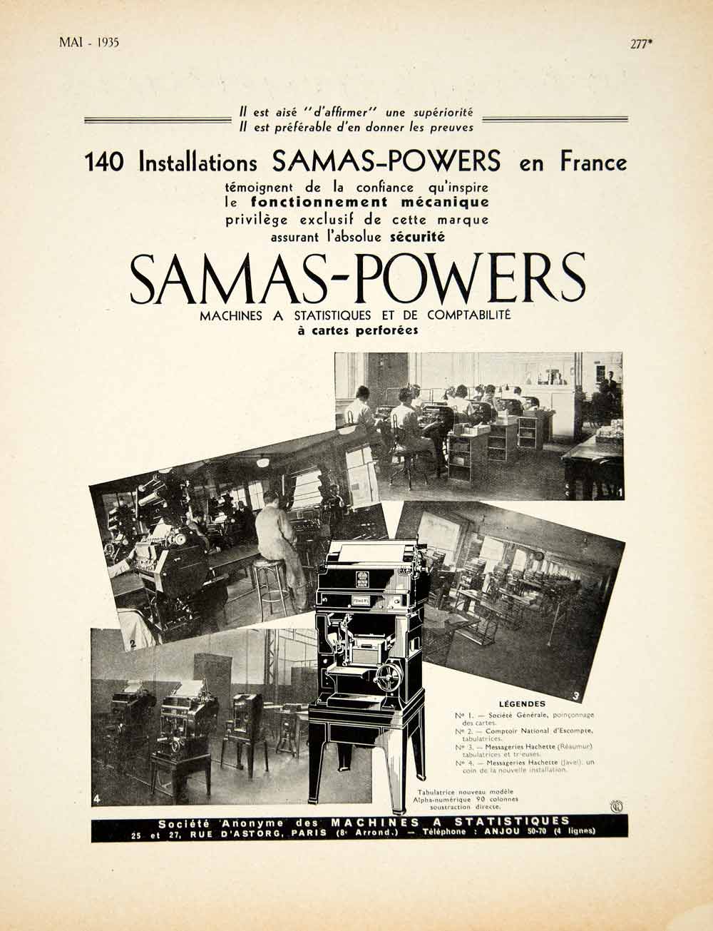 1935 Ad Vintage French Samas-Powers Keypunch Machine Accounting Statistics EN9