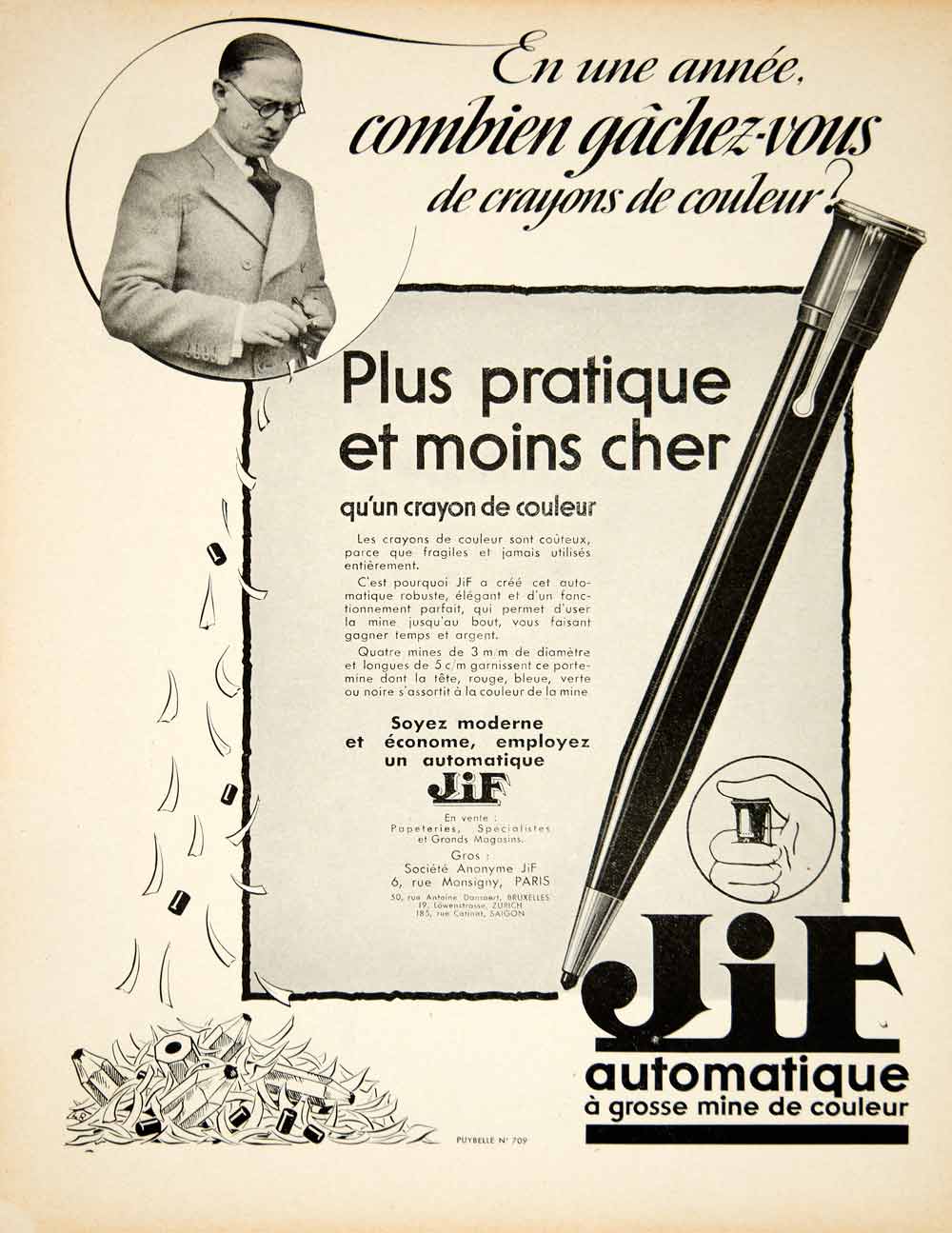 1935 Ad Vintage French JiF Automatic Mechanical Color Pencil Crayon Couleur VEN9
