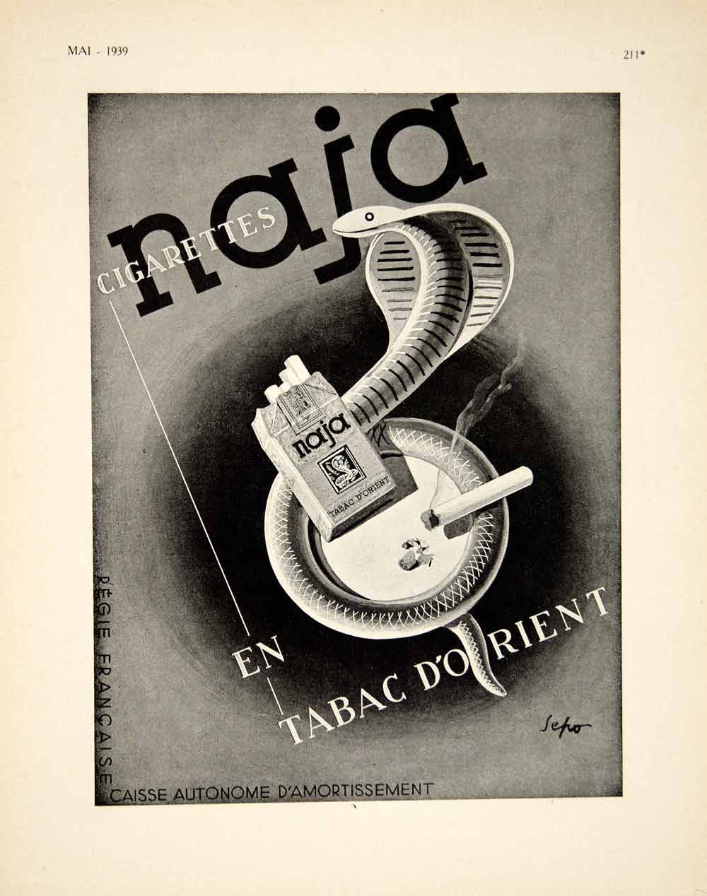 1939 Ad French Naja Cigarettes Tabc d'Orient Cobra Snake Smoking Sepo VEN9 - Period Paper
