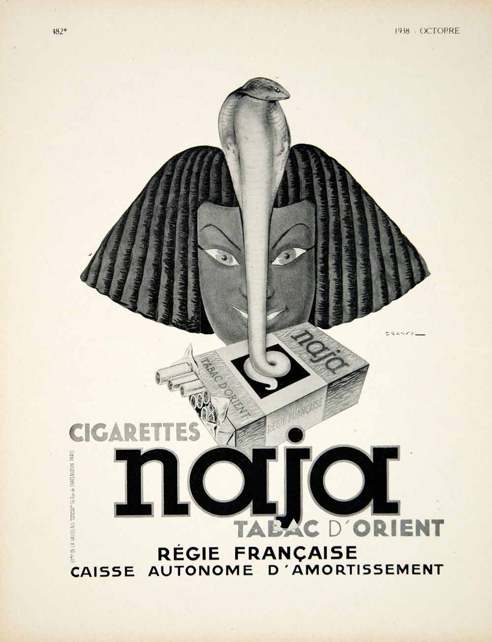 1938 Ad Vintage French Naja Cigarettes Jules Isnard Dransy Egyptian Cobra VEN9