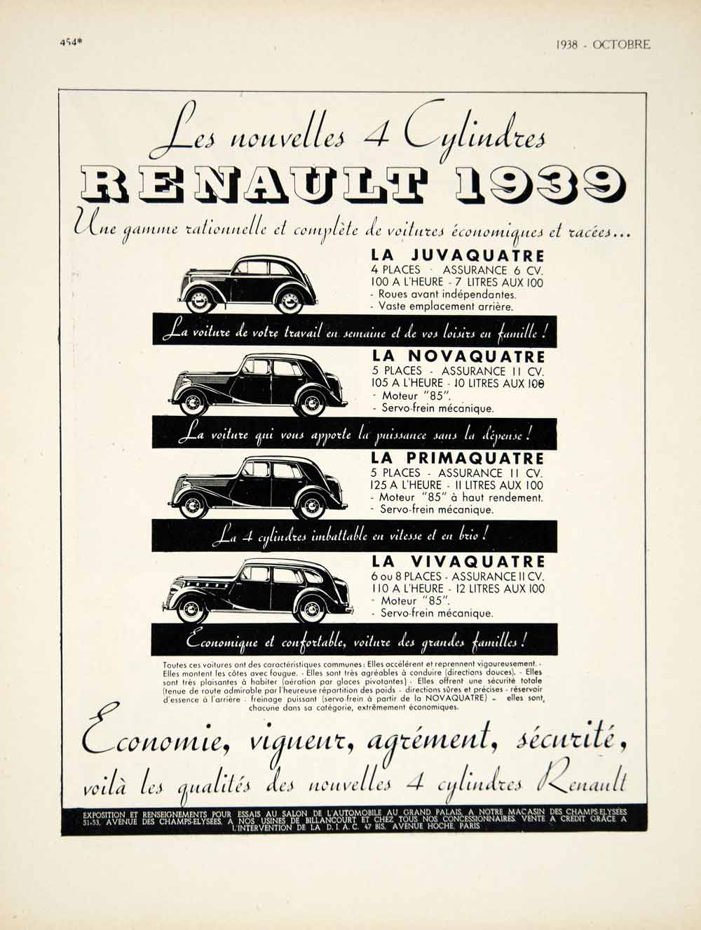 1938 Ad French 1939 Renault Cars Juvaquatre Novaquatre Vintage Automobiles VEN9