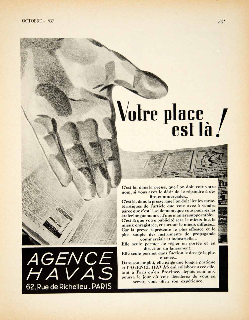 1937 Ad Vintage Agence Havas French Advertising Agency Newspaper Hand Paris VEN9